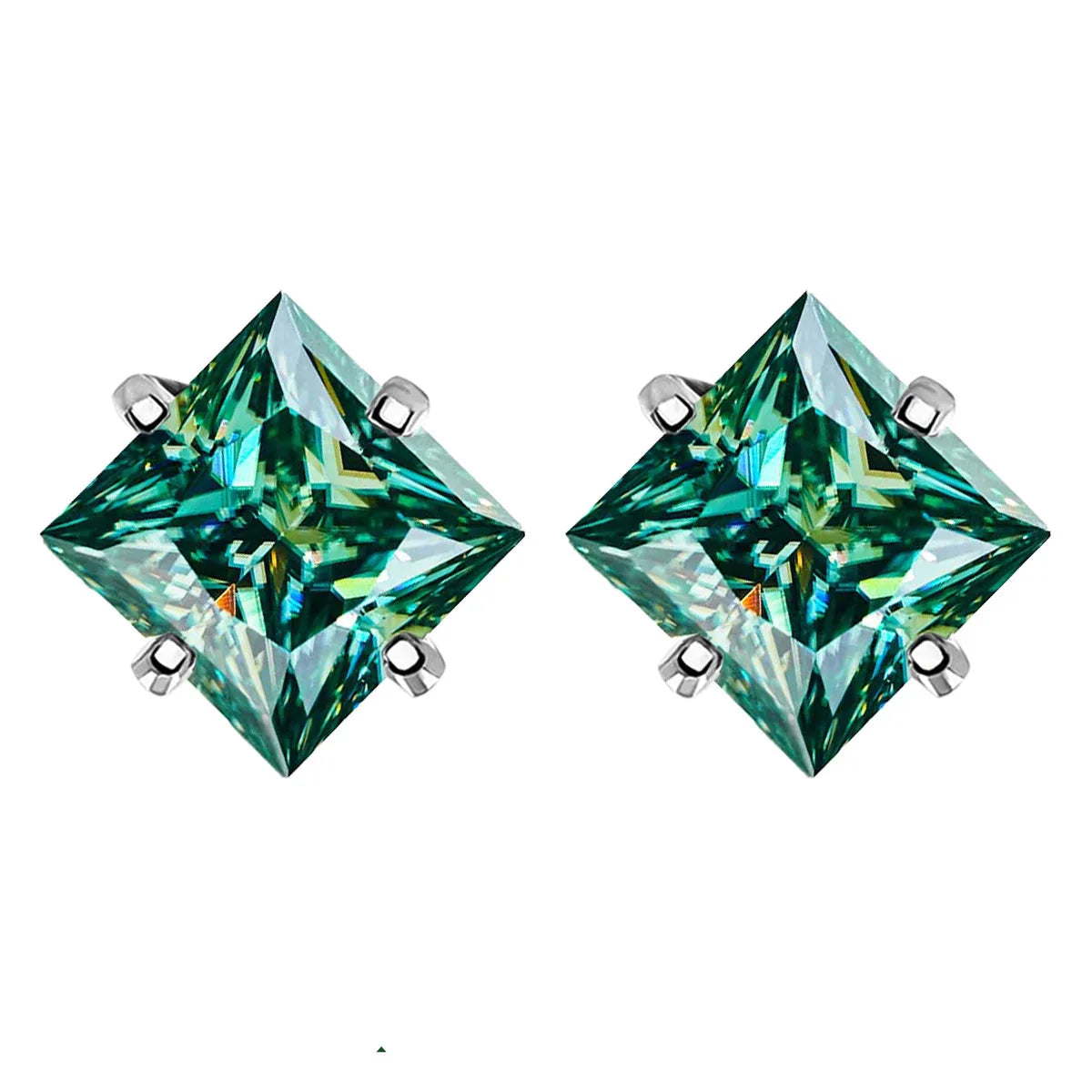 Sterling Silver 925 Green Princess Cut Moissanite Stud Earrings For Women