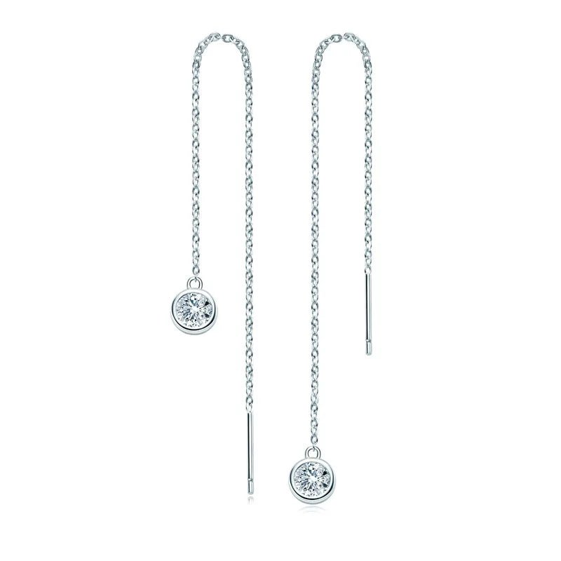 Moissanite Bezel Chain Threader Earrings in Sterling Silver
