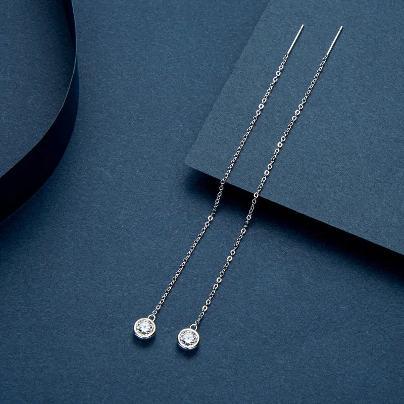Moissanite Bezel Chain Threader Earrings in Sterling Silver