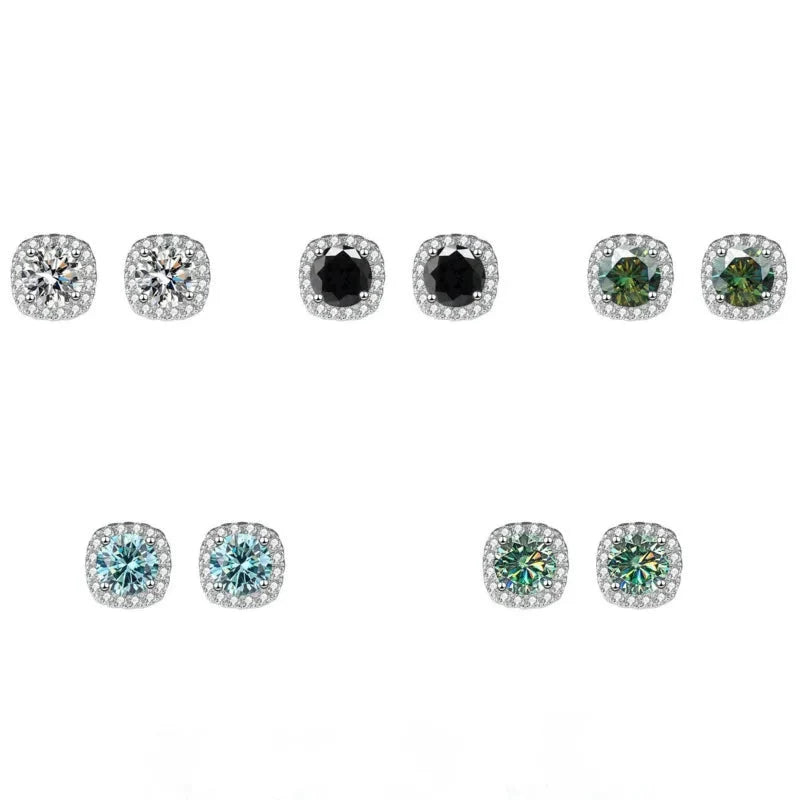 Colored Cushion Halo Moissanite Stud Earrings in Silver
