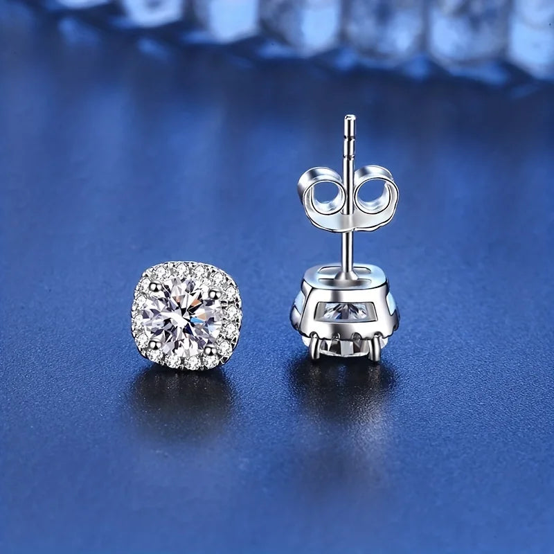 Colored Cushion Halo Moissanite Stud Earrings in Silver