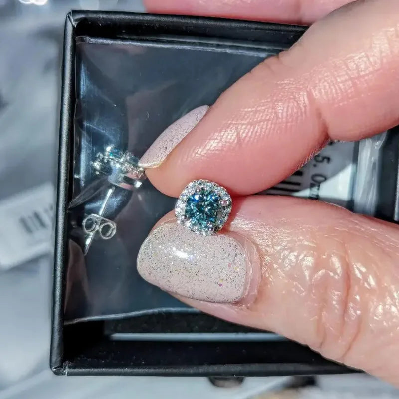Colored Cushion Halo Moissanite Stud Earrings in Silver