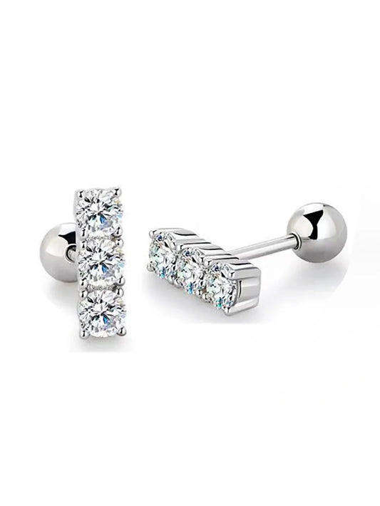 Three-Stone Moissanite Bar Stud Earrings in Sterling Silver