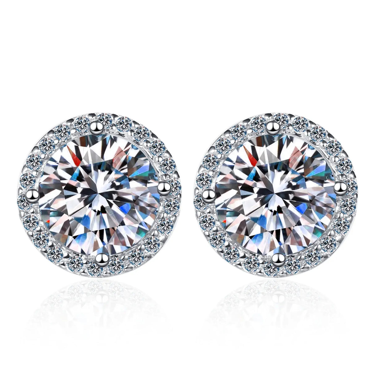 Round Halo Moissanite Stud Earrings, 0.5 to 3 Carat Each
