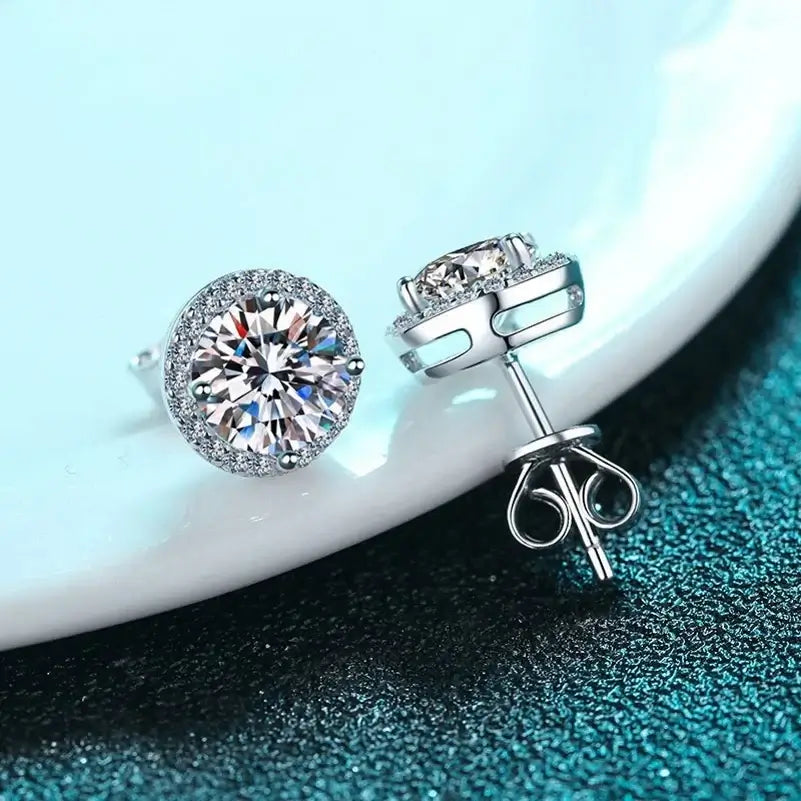 Round Halo Moissanite Stud Earrings, 0.5 to 3 Carat Each