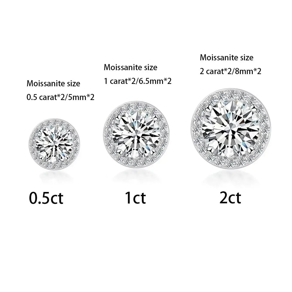 Round Halo Moissanite Stud Earrings, 0.5 to 3 Carat Each