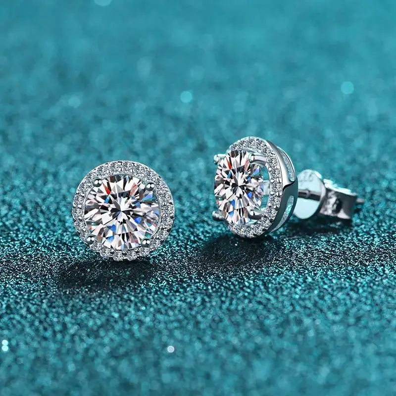 Round Halo Moissanite Stud Earrings, 0.5 to 3 Carat Each