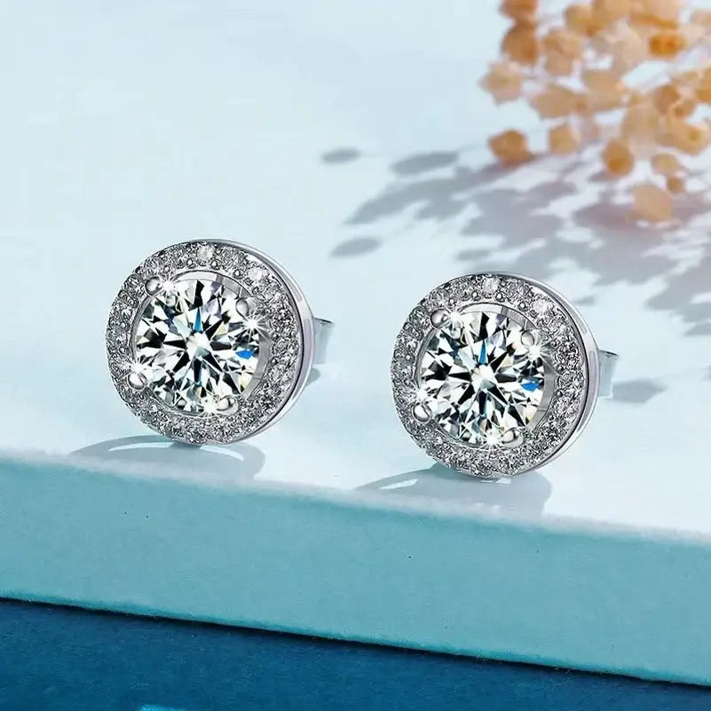 Round Halo Moissanite Stud Earrings, 0.5 to 3 Carat Each