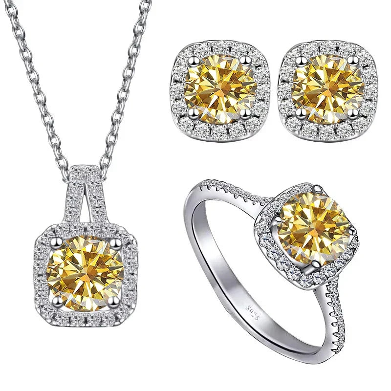 Colored Cushion Halo Moissanite Necklace, Earrings & Ring Set