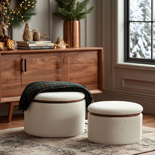 Stowaway Chic Boucle Ottomans, Set of Two