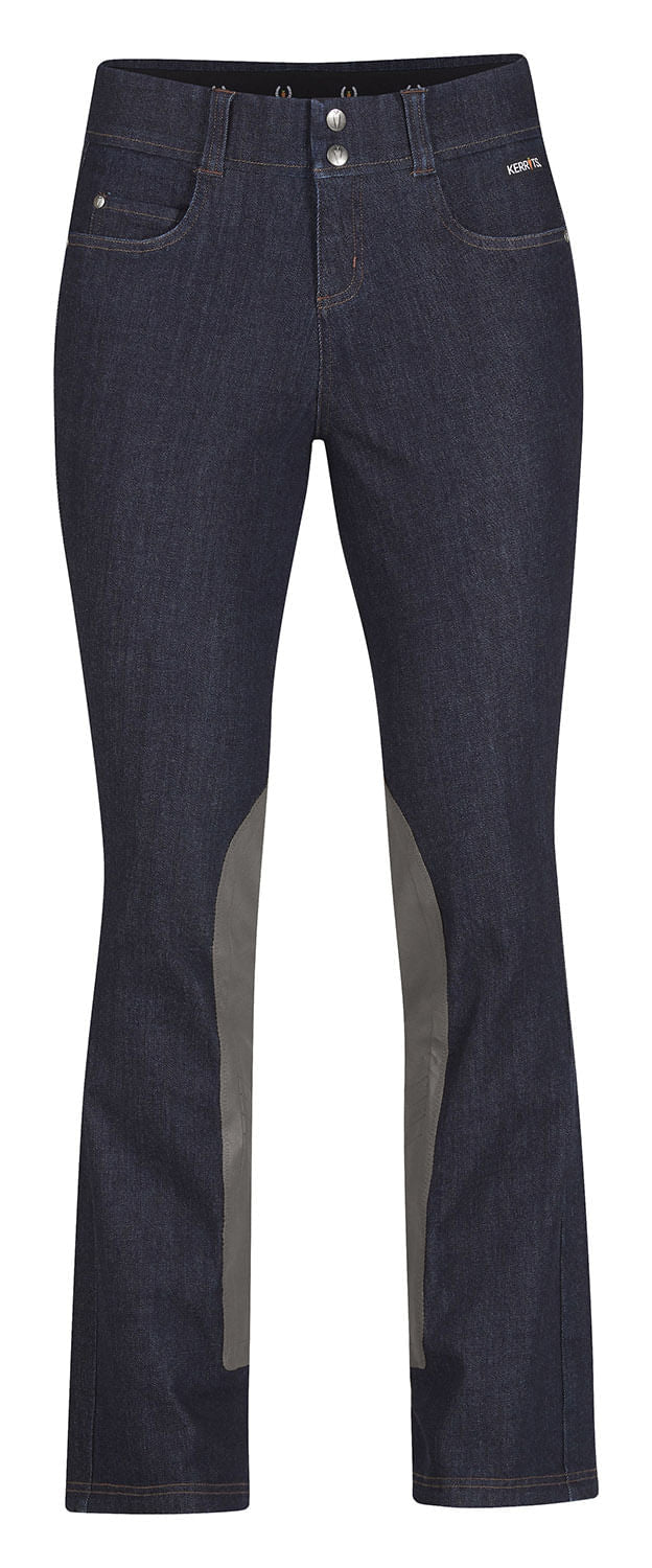 Pantalones vaqueros de equitación Kerrits para mujer, de mezclilla elástica, con parche extendido en la rodilla, corte de bota