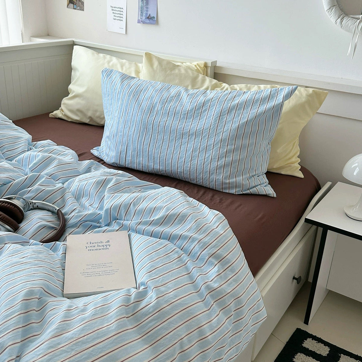 Aesthetic Blue & Brown Striped Duvet Cover Set