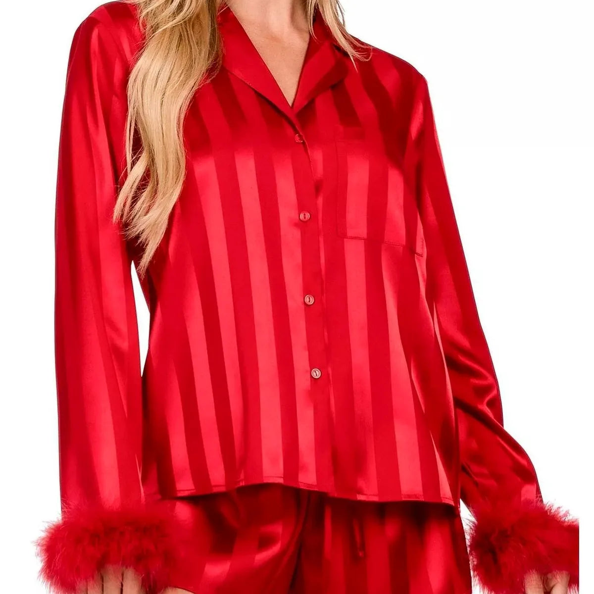 Striped Feather Trim Shirt and Shorts Lounge Set