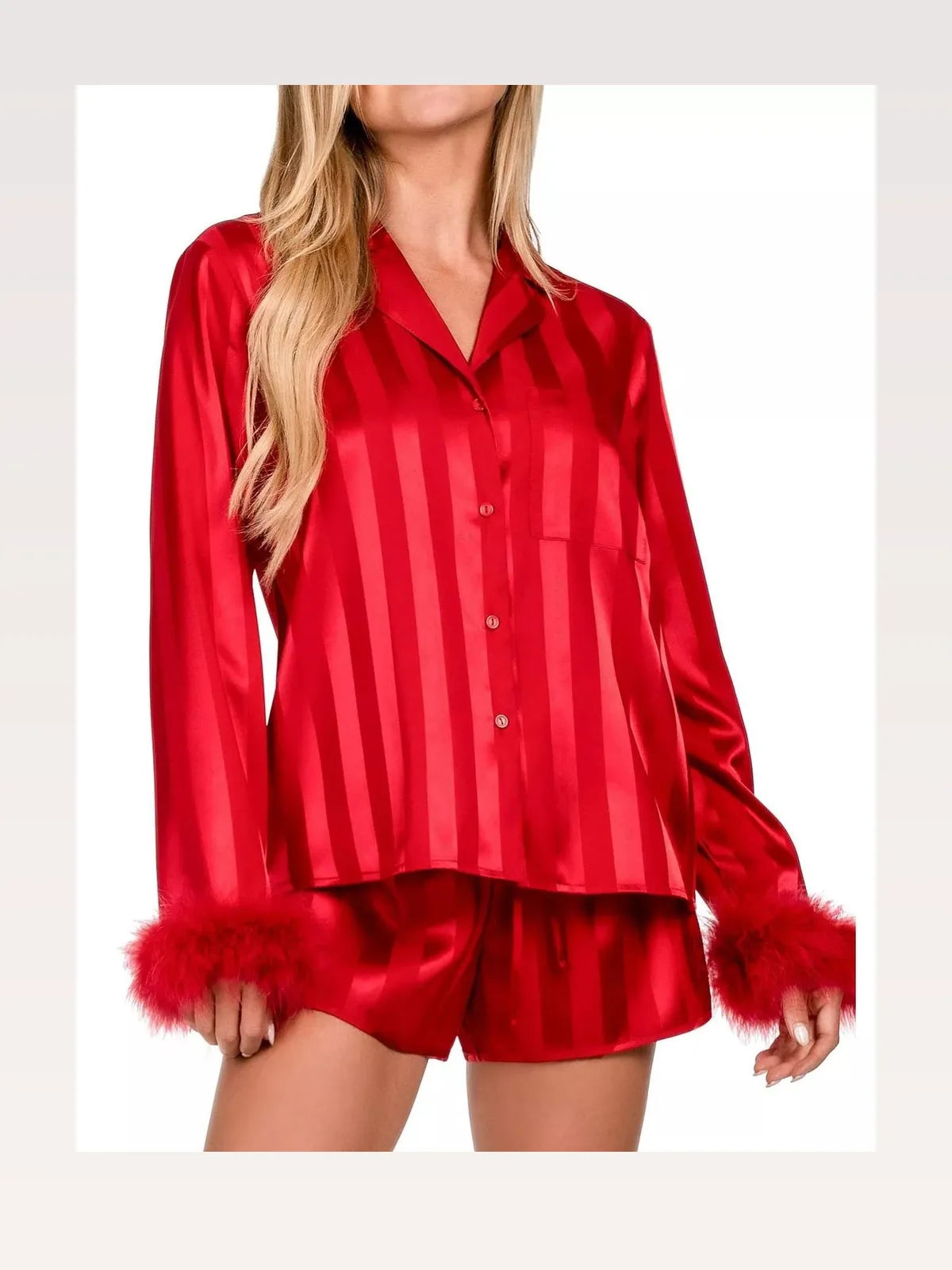 Striped Feather Trim Shirt and Shorts Lounge Set