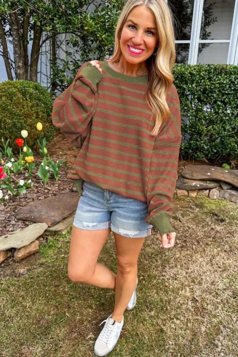 Sweaters Trendsi Striped Sweater Women's Casual Round Neck Long Sleeve Top Comfortable