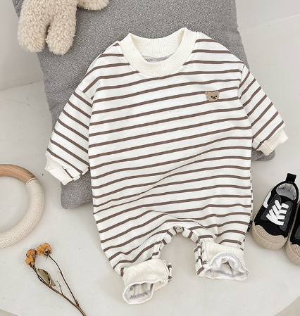 Striped Teddy Baby Onesie | Cute Long Sleeve Romper | One Piece - # BAAA21110060