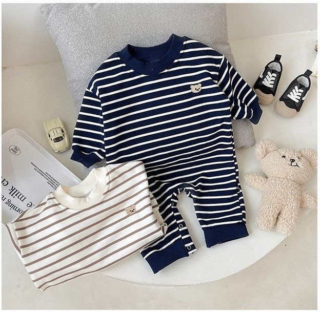 Striped Teddy Baby Onesie | Cute Long Sleeve Romper | One Piece - # BAAA21110060