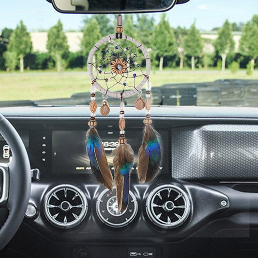 Stylish Hangings Dream Catcher Interior Rear-view Mirror Hanging Decor Car Pendant Grids Nature Feather Wind Chimes Round Ring Circle Handmade Home Decorations Handcrafts Car Charms Pendant Accessories