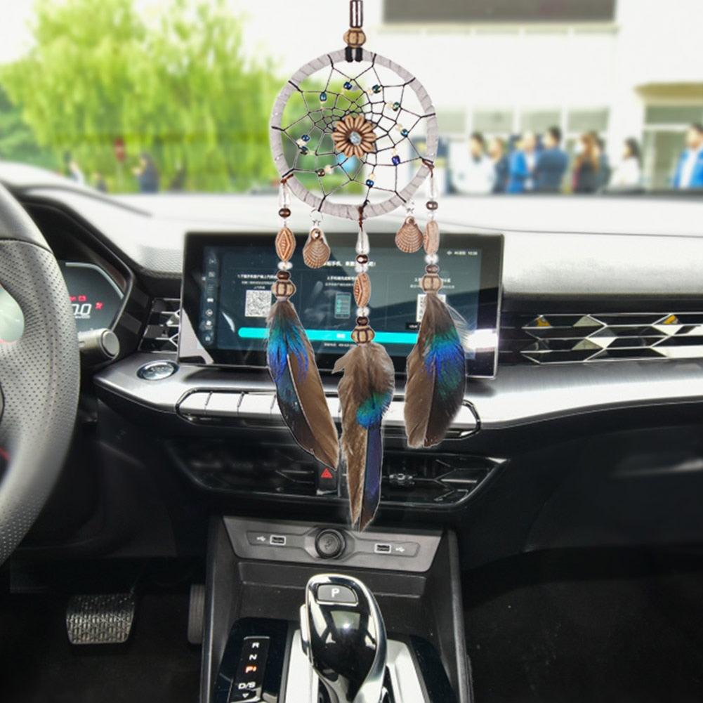 Stylish Hangings Dream Catcher Interior Rear-view Mirror Hanging Decor Car Pendant Grids Nature Feather Wind Chimes Round Ring Circle Handmade Home Decorations Handcrafts Car Charms Pendant Accessories