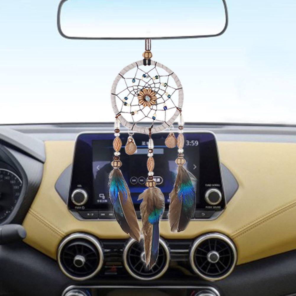 Stylish Hangings Dream Catcher Interior Rear-view Mirror Hanging Decor Car Pendant Grids Nature Feather Wind Chimes Round Ring Circle Handmade Home Decorations Handcrafts Car Charms Pendant Accessories