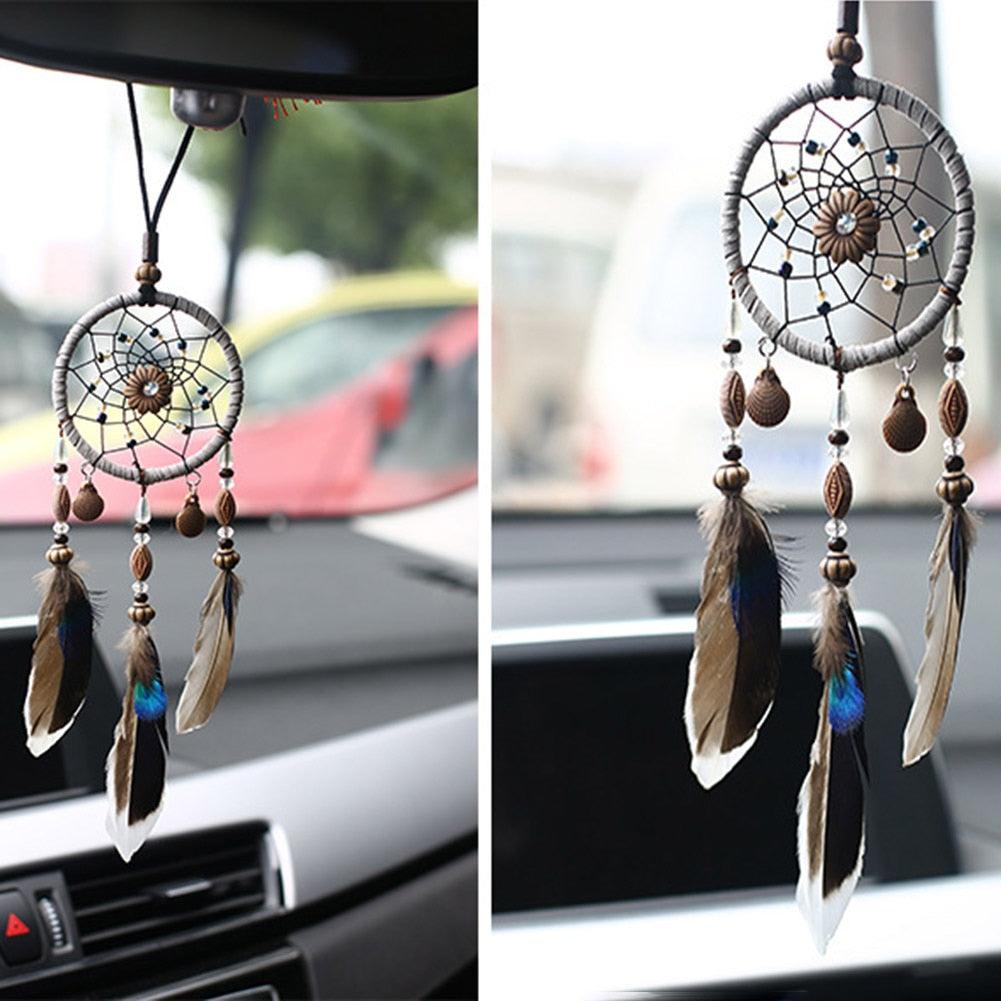 Stylish Hangings Dream Catcher Interior Rear-view Mirror Hanging Decor Car Pendant Grids Nature Feather Wind Chimes Round Ring Circle Handmade Home Decorations Handcrafts Car Charms Pendant Accessories
