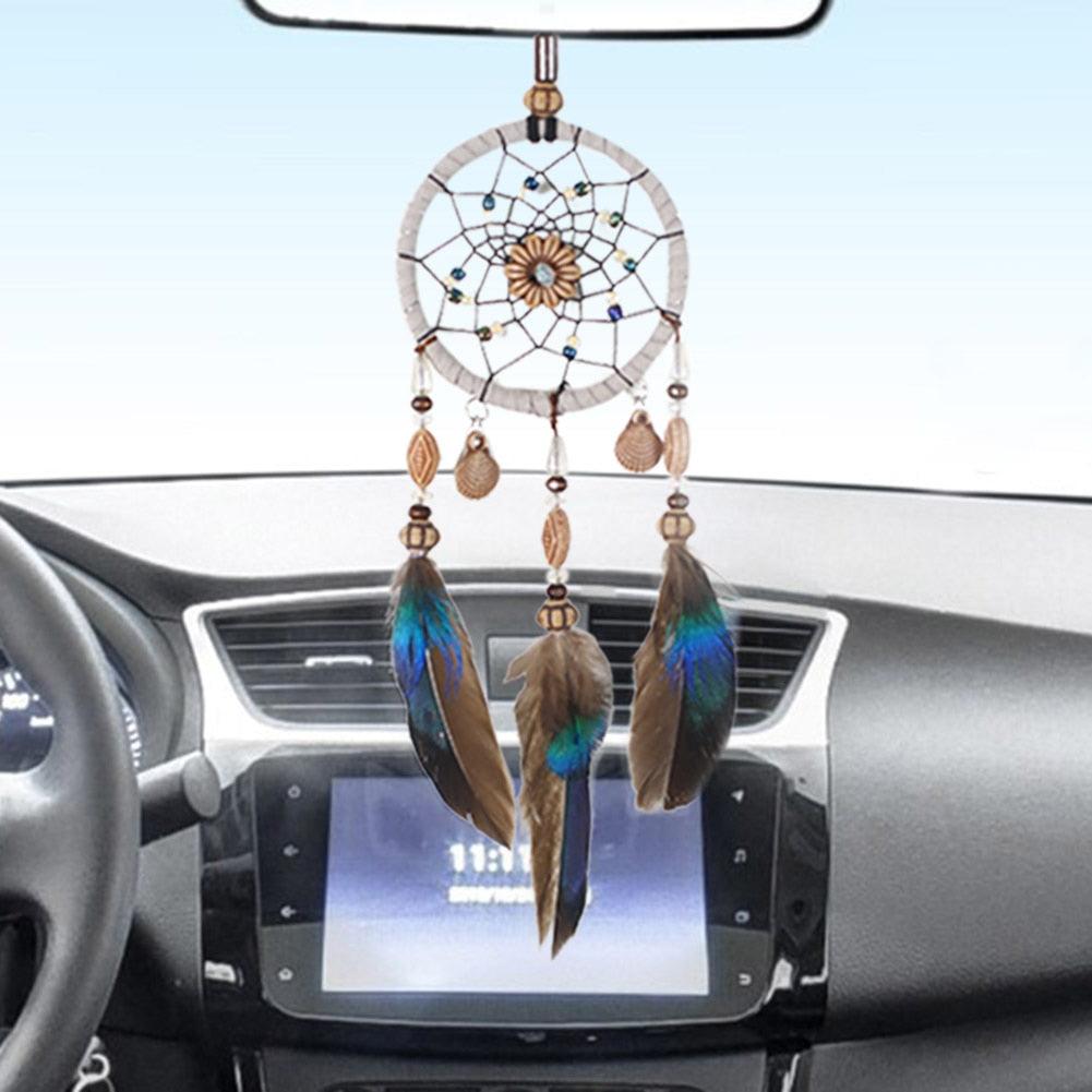 Stylish Hangings Dream Catcher Interior Rear-view Mirror Hanging Decor Car Pendant Grids Nature Feather Wind Chimes Round Ring Circle Handmade Home Decorations Handcrafts Car Charms Pendant Accessories