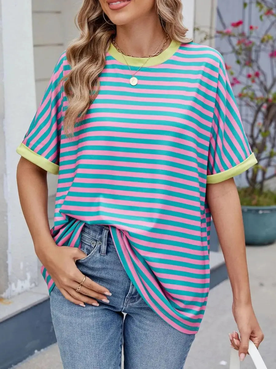 T-Shirts Trendsi Striped Tee Women's Casual Round Neck Top Soft, Stylish