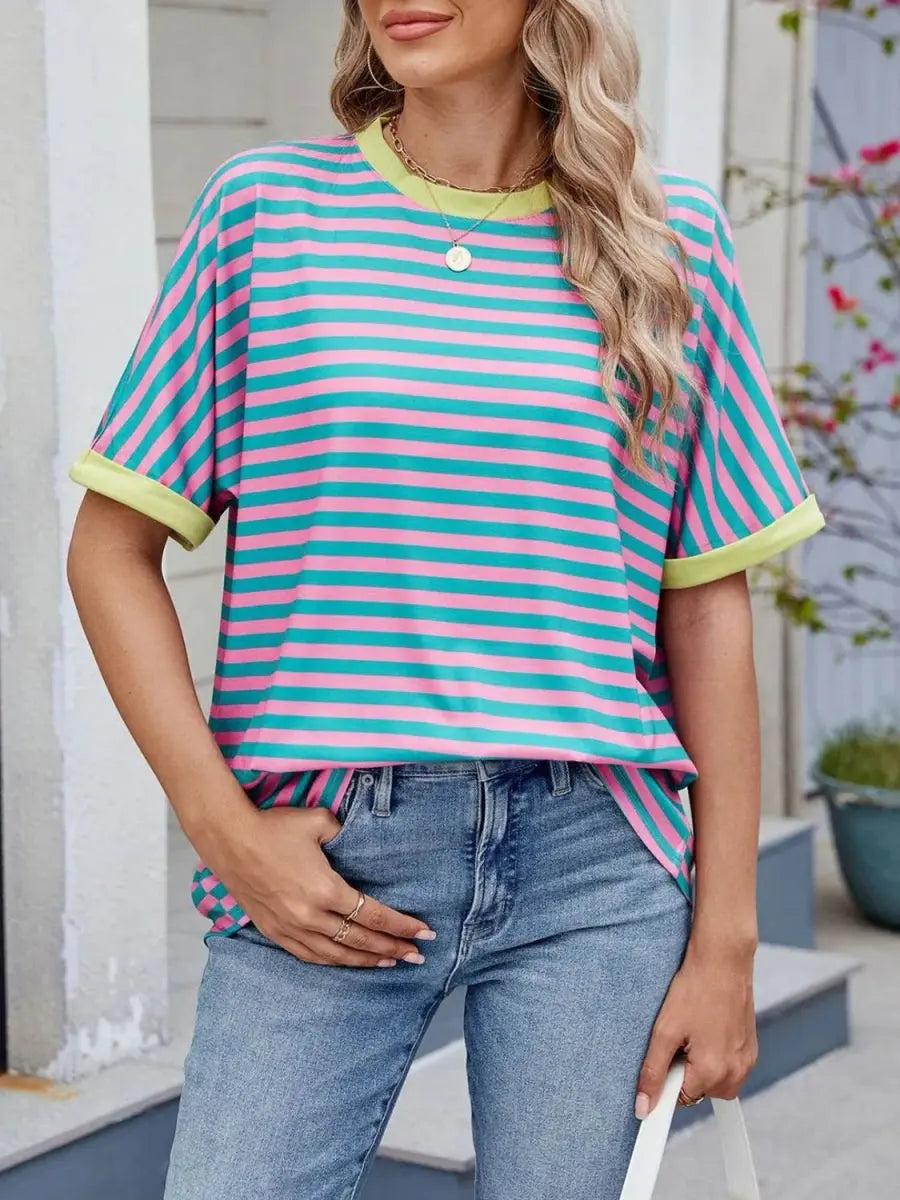 T-Shirts Trendsi Striped Tee Women's Casual Round Neck Top Soft, Stylish