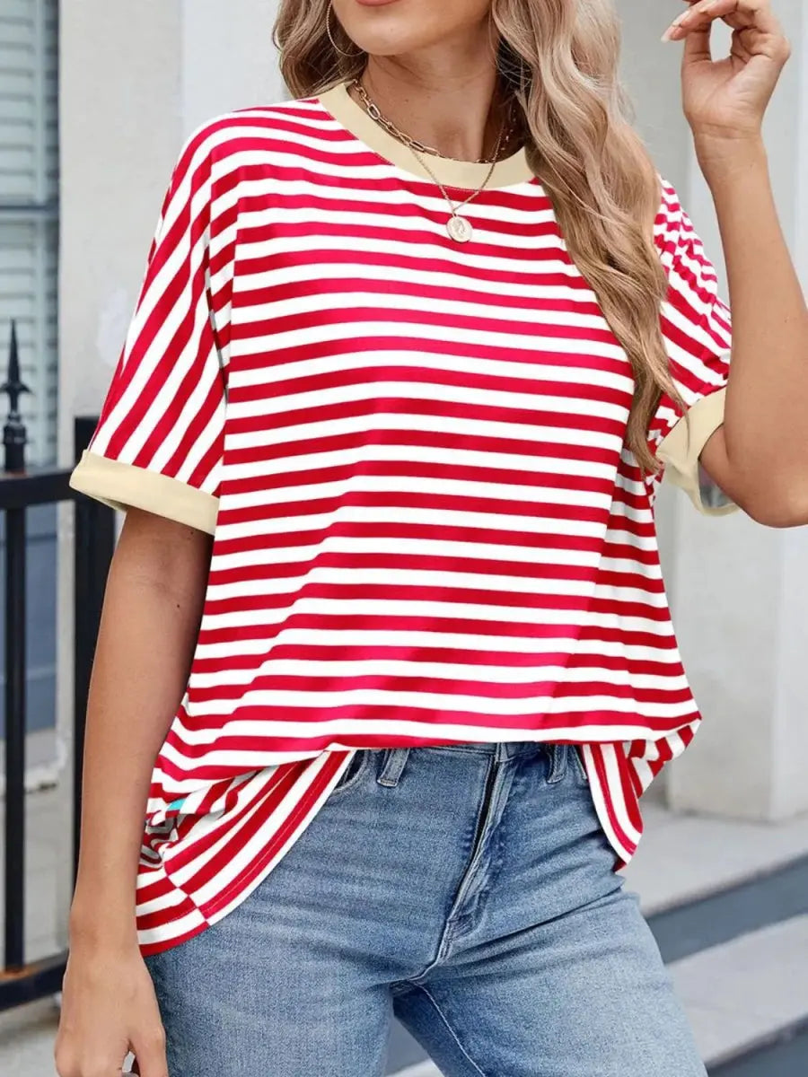 T-Shirts Trendsi Striped Tee Women's Casual Round Neck Top Soft, Stylish