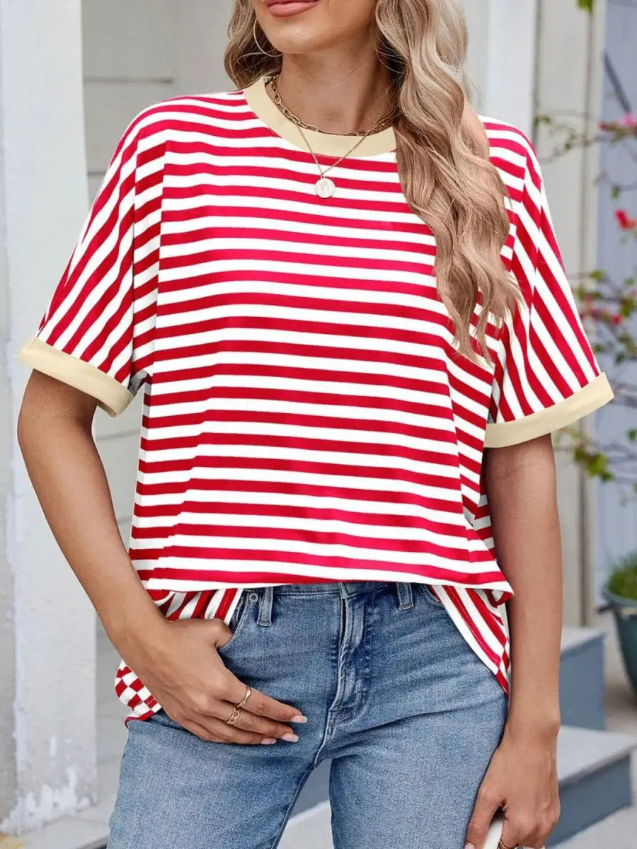 T-Shirts Trendsi Striped Tee Women's Casual Round Neck Top Soft, Stylish