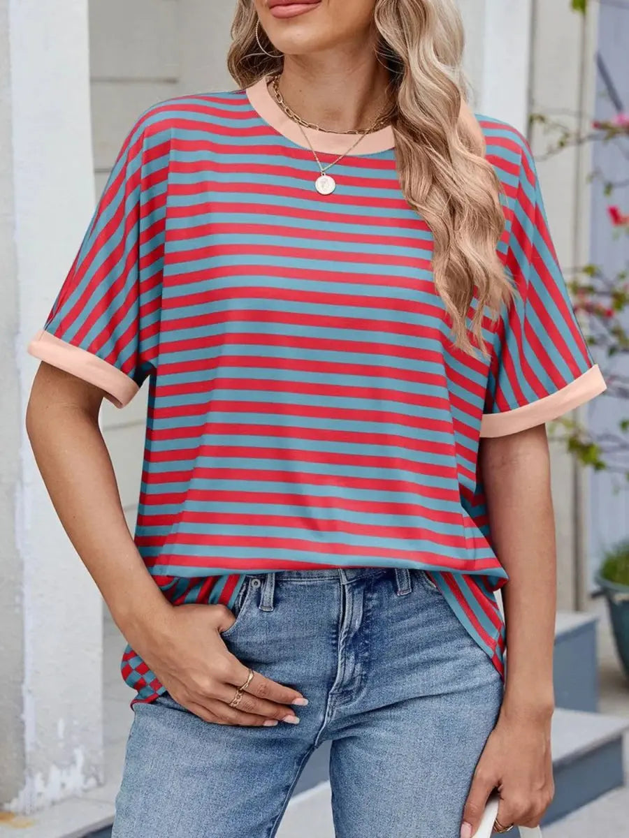 T-Shirts Trendsi Striped Tee Women's Casual Round Neck Top Soft, Stylish