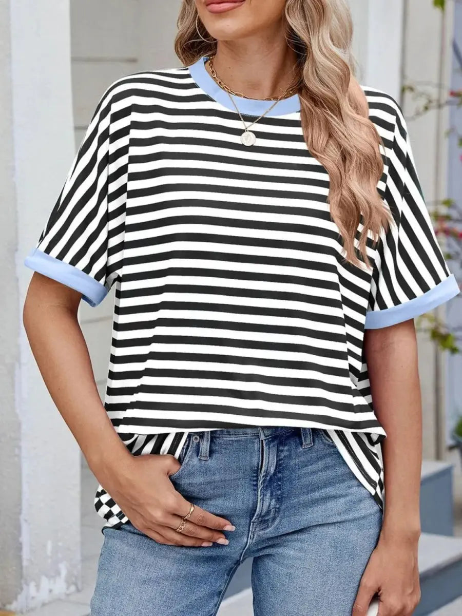 T-Shirts Trendsi Striped Tee Women's Casual Round Neck Top Soft, Stylish