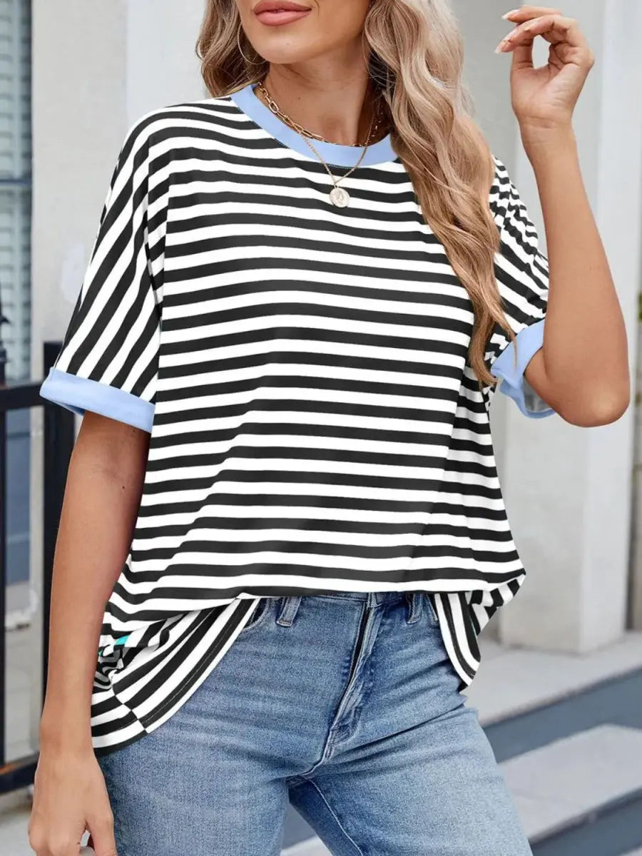 T-Shirts Trendsi Striped Tee Women's Casual Round Neck Top Soft, Stylish