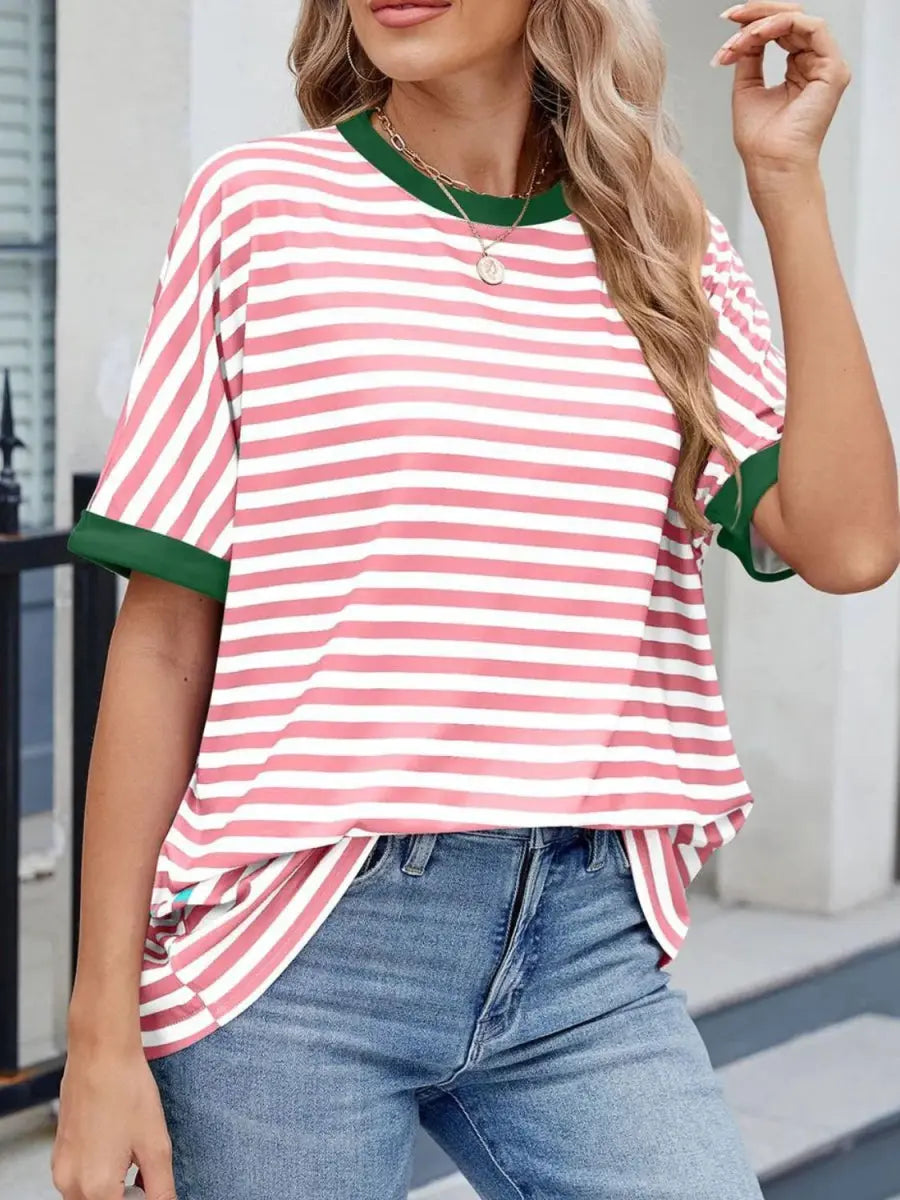 T-Shirts Trendsi Striped Tee Women's Casual Round Neck Top Soft, Stylish