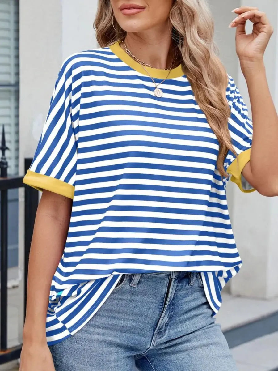 T-Shirts Trendsi Striped Tee Women's Casual Round Neck Top Soft, Stylish