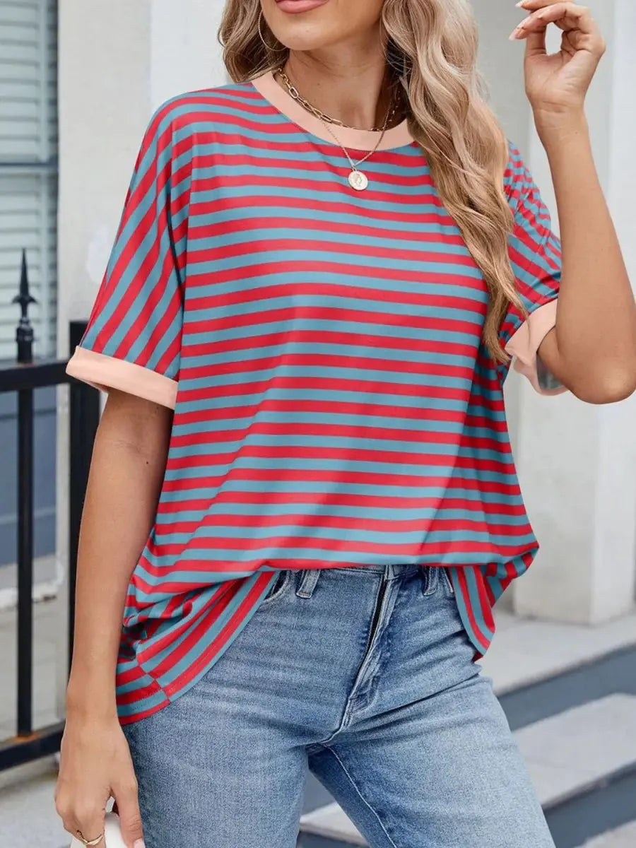 T-Shirts Trendsi Striped Tee Women's Casual Round Neck Top Soft, Stylish