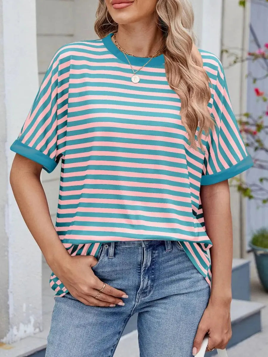T-Shirts Trendsi Striped Tee Women's Casual Round Neck Top Soft, Stylish