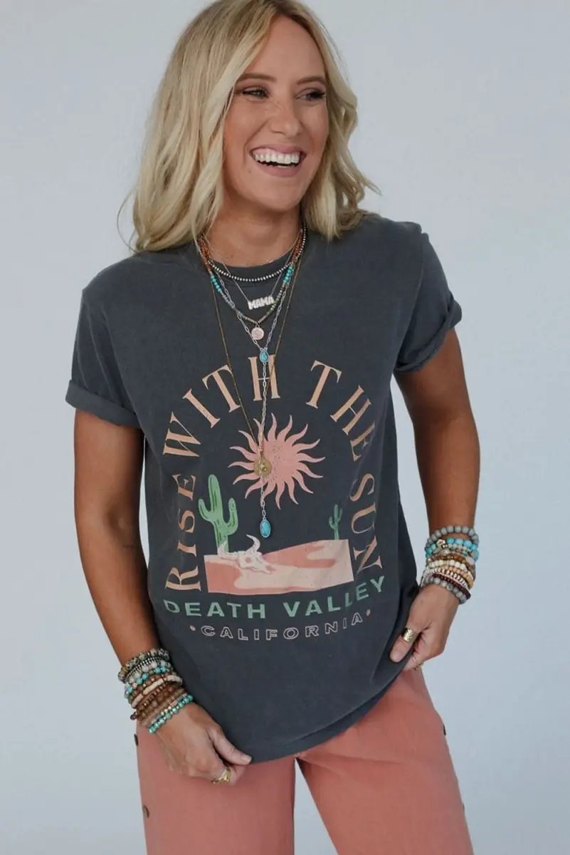 Women's Graphic T-Shirt - Soft Summer Daily Wear - Dark Grey Western
