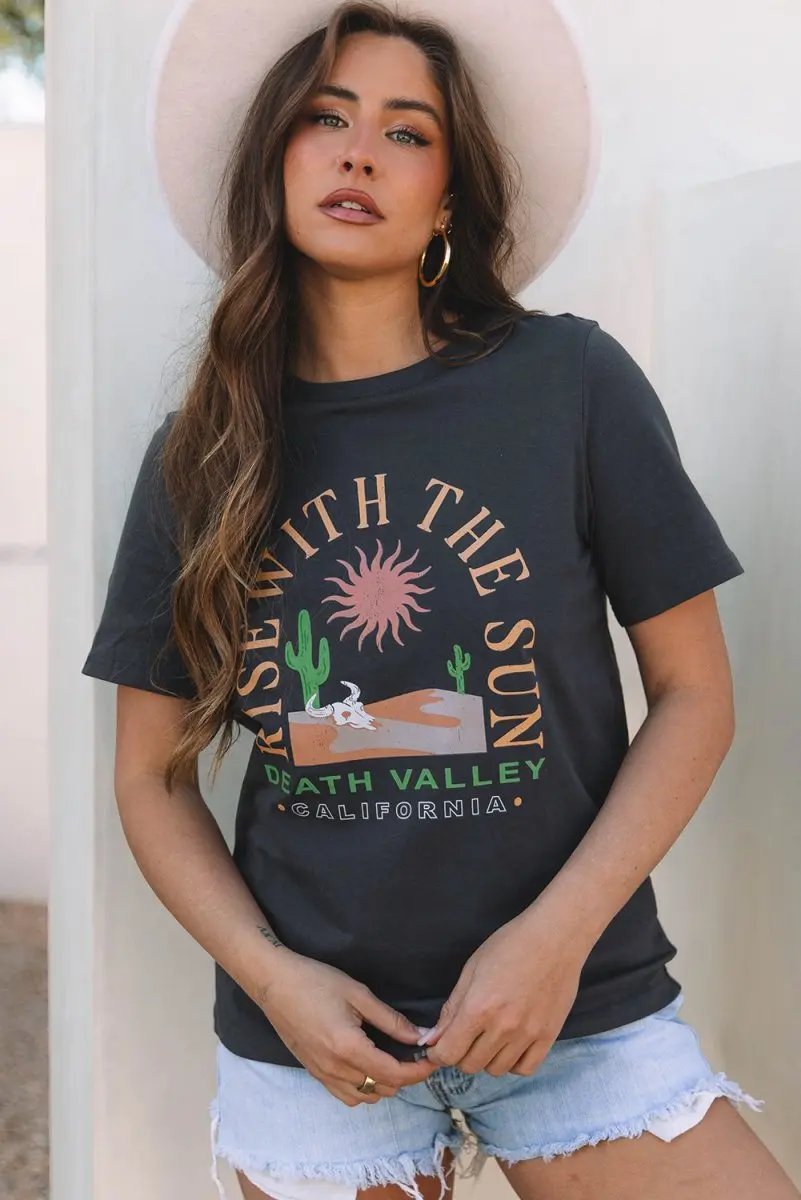 Women's Graphic T-Shirt - Soft Summer Daily Wear - Dark Grey Western