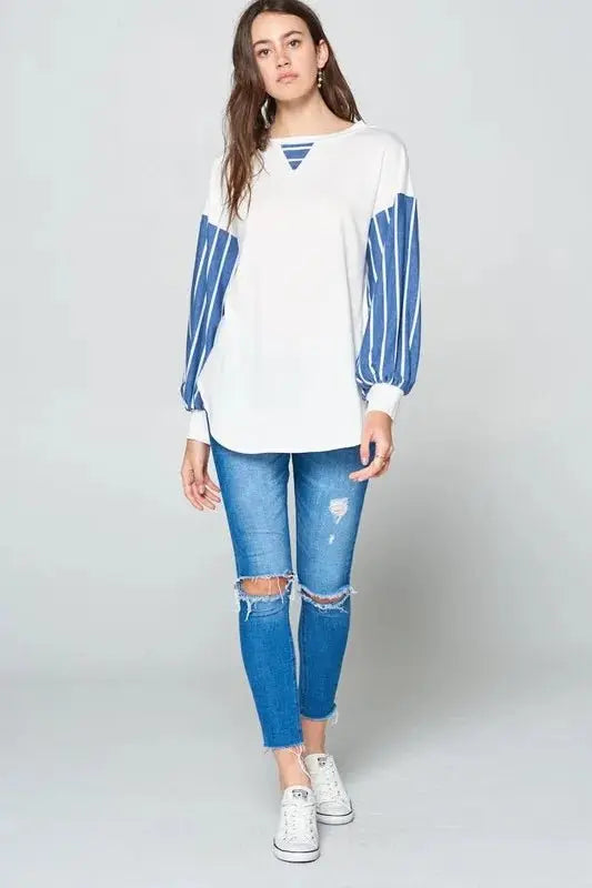 Women's Long Sleeve T-Shirt Women's Long Sleeve Top - Striped French Terry - Casual Soft & Comfy