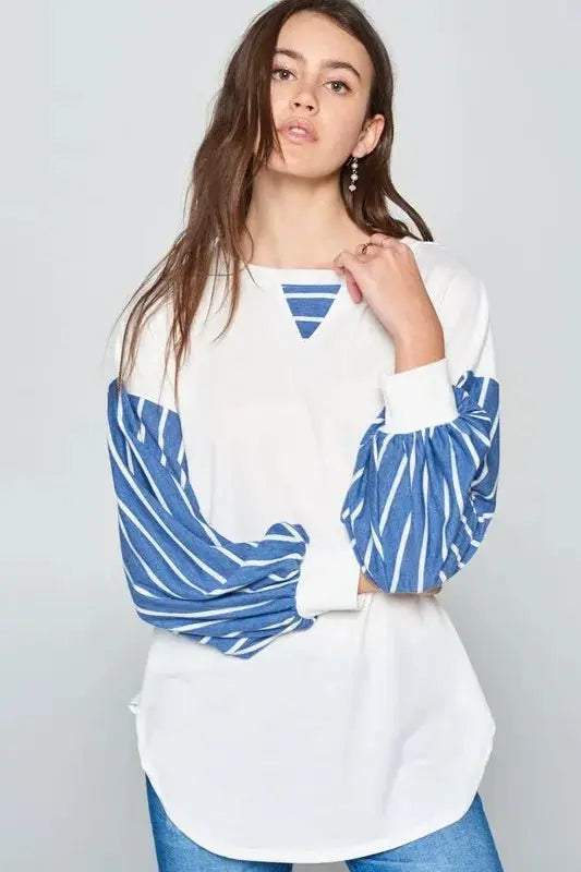 Women's Long Sleeve T-Shirt Women's Long Sleeve Top - Striped French Terry - Casual Soft & Comfy