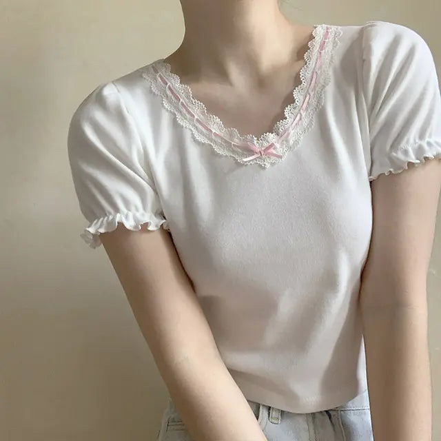 Sweet Girl Cotton T-Shirt with Lace Bow and Puffy Sleeves - # GIAA23510022