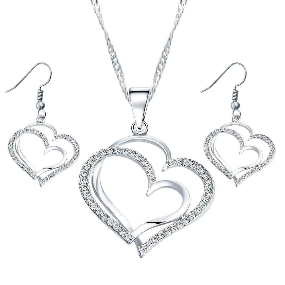 Juego de boda de pendientes y collar con doble corazón