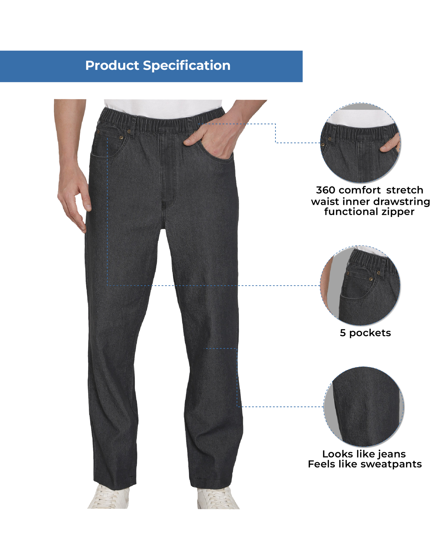 Pantalones vaqueros de mezclilla y sarga informales de hombre con cintura elástica sin cierre