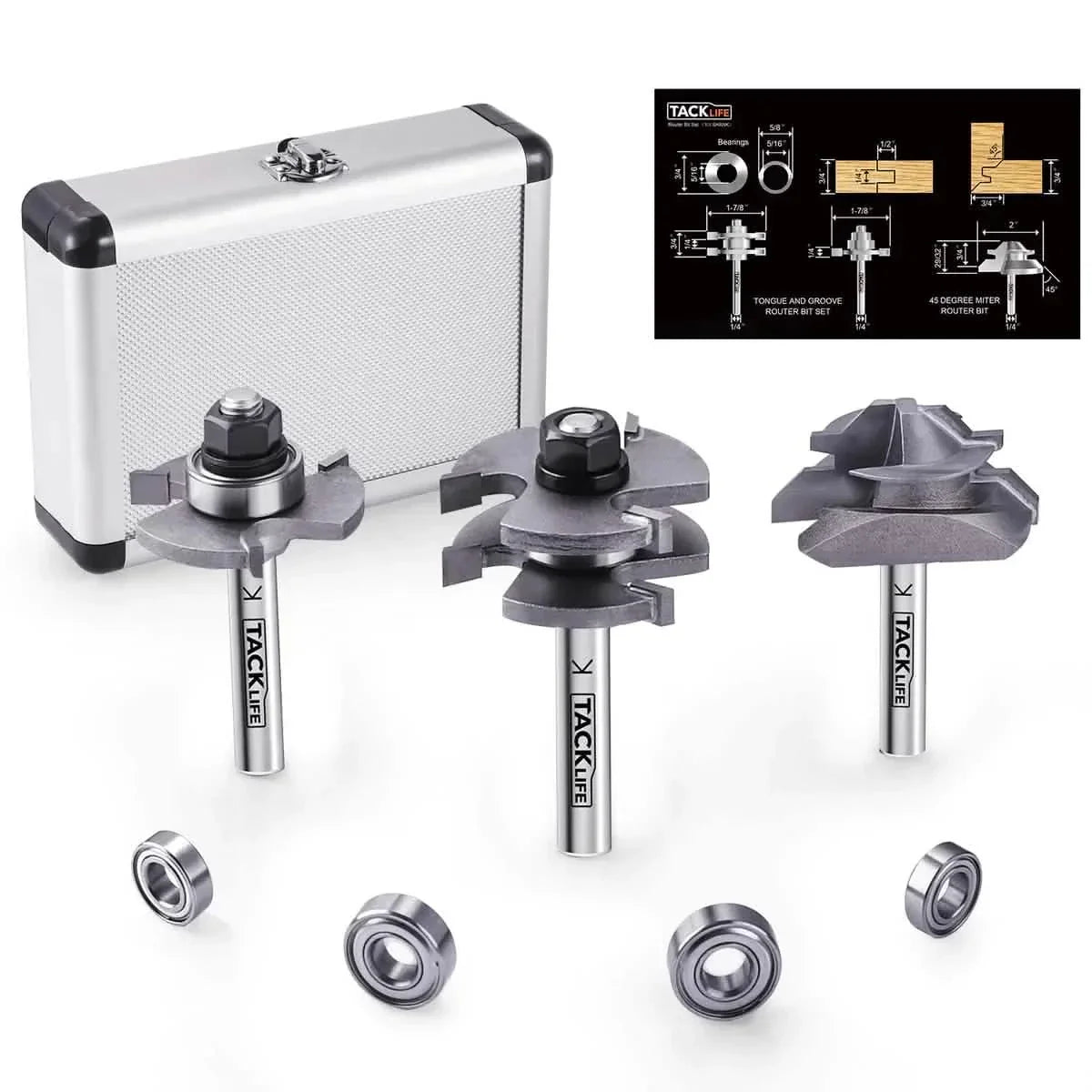 TACKLIFE Router Bit Set 1/4 Shank, Tongue and Groove Router Bit Set with 4Pcs Bearings Set RB31C
