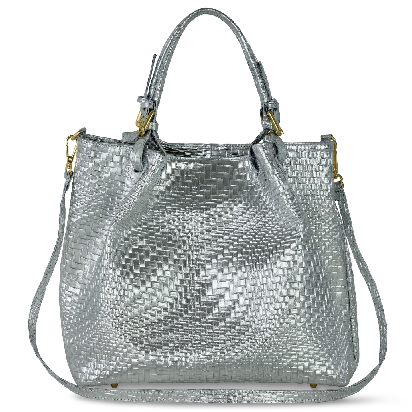 Italian Genuine Basketweave-Embossed Metallic Suede Top-Handle Bag | Imperia