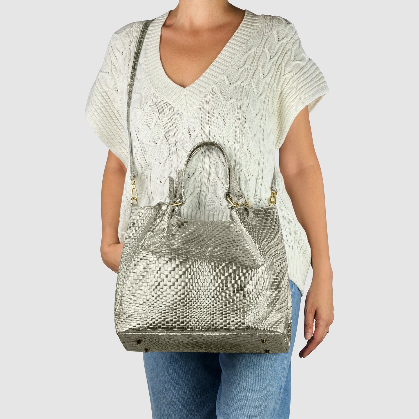 Italian Genuine Basketweave-Embossed Metallic Suede Top-Handle Bag | Imperia