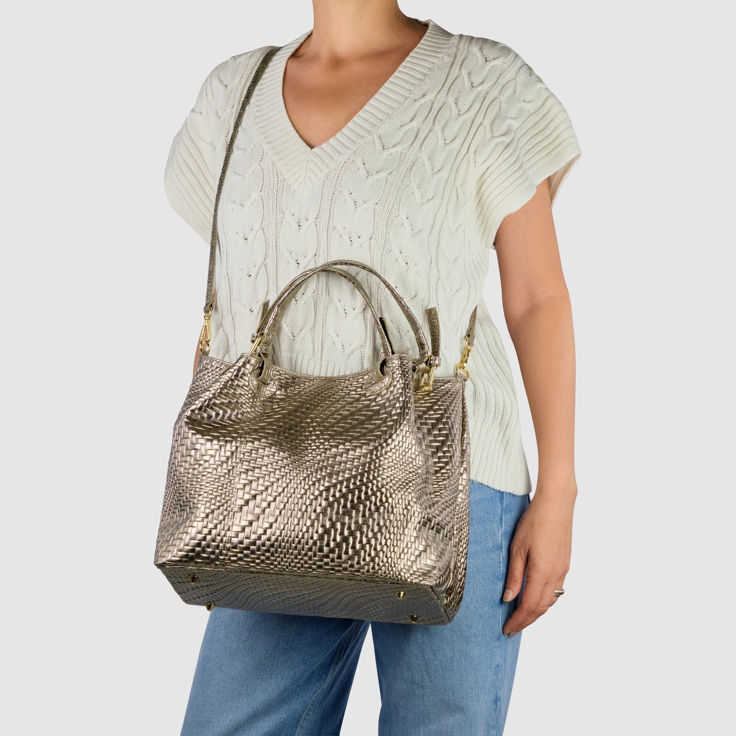 Italian Genuine Basketweave-Embossed Metallic Suede Top-Handle Bag | Imperia