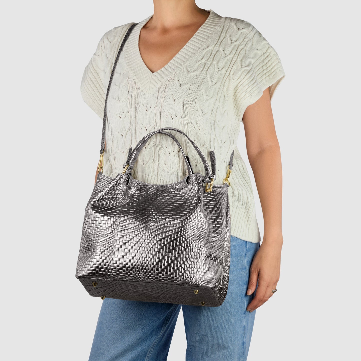 Italian Genuine Basketweave-Embossed Metallic Suede Top-Handle Bag | Imperia