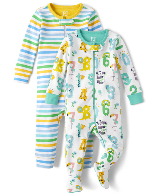 The Childrens Place Baby Boys and Toddler Short Sleeve 100% Cotton Zip-Front One Piece Pajama Numbers/Stripes 2-Pack 18-24 Months - # BAAA81810005